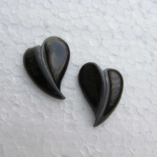 Unique black heart earrings - black shiny enamel over gray metal vintage heart earrings