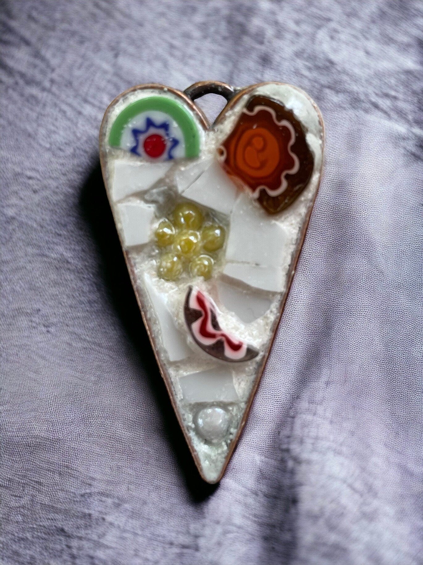 Handmade mosaic heart necklace - made from hand cut pieces of a broken vintage dish