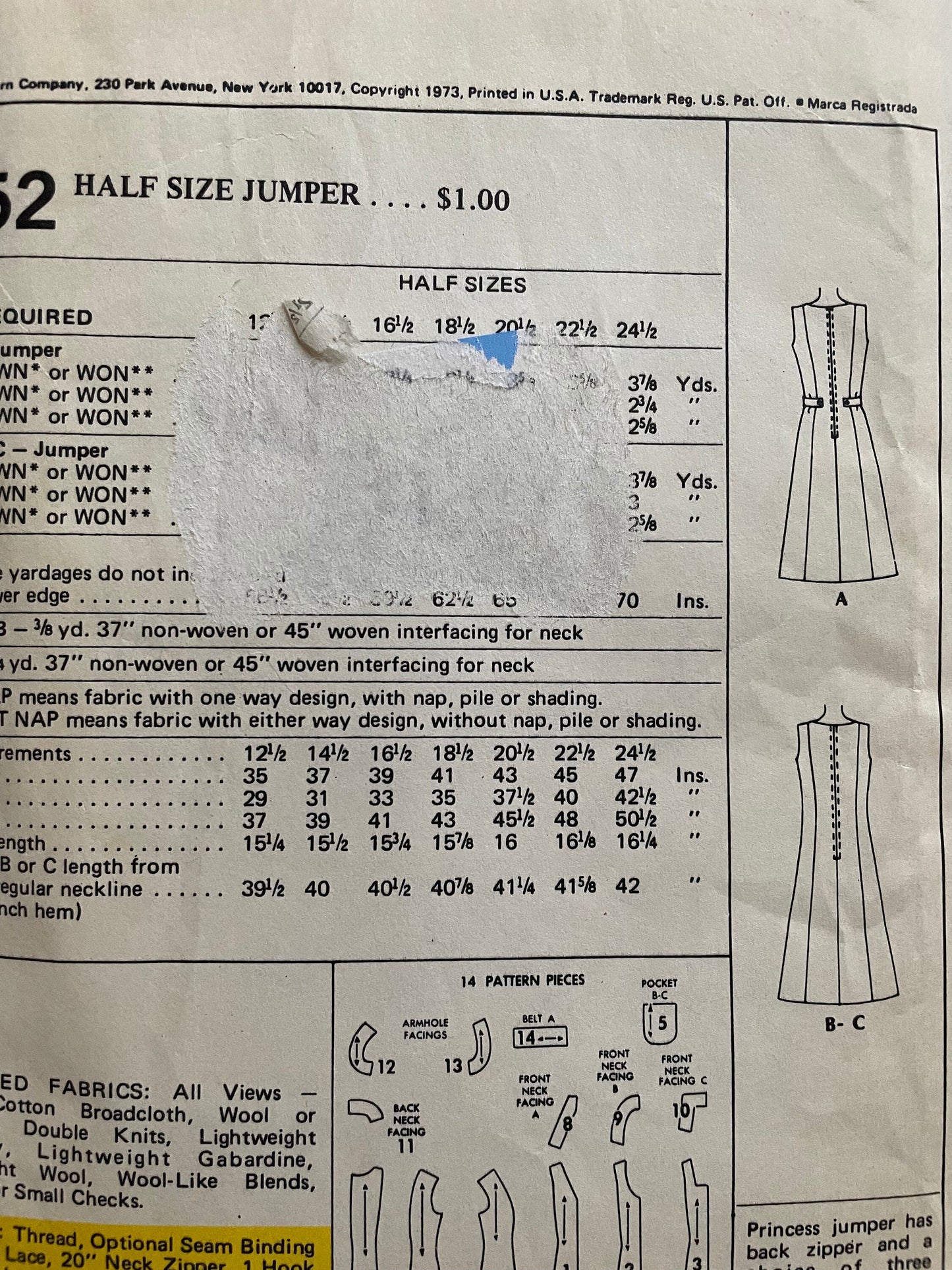 UNCUT Sewing Pattern - 1973 McCall's 3652 - Jumpers / dresses - sizes 12 - 24