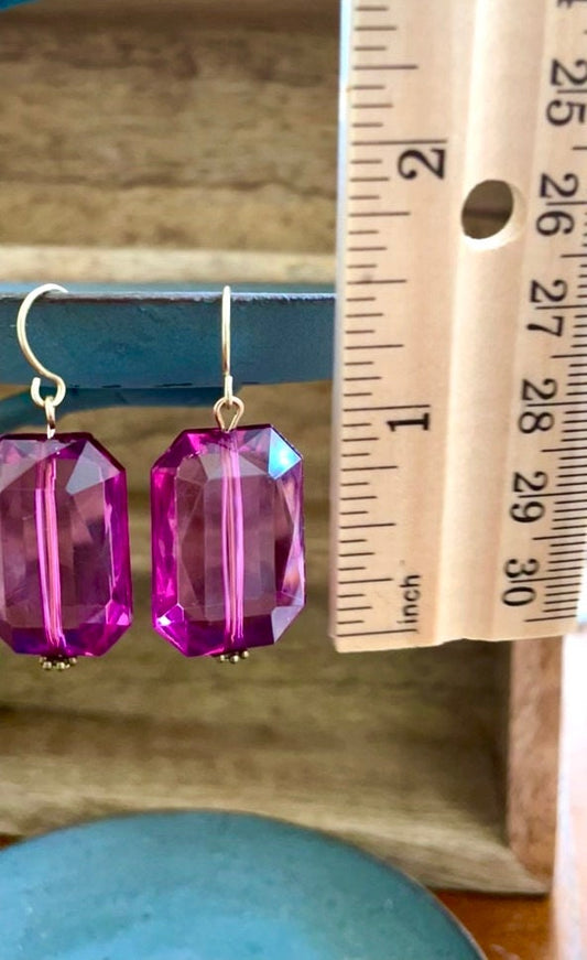 Pinkish purple faceted rectangular dangle earrings