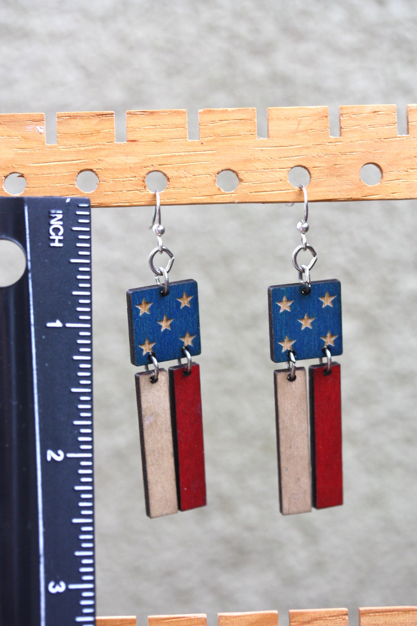 Vintage folk art style American flag all wood dangle earrings - perfect for July 4 or any day