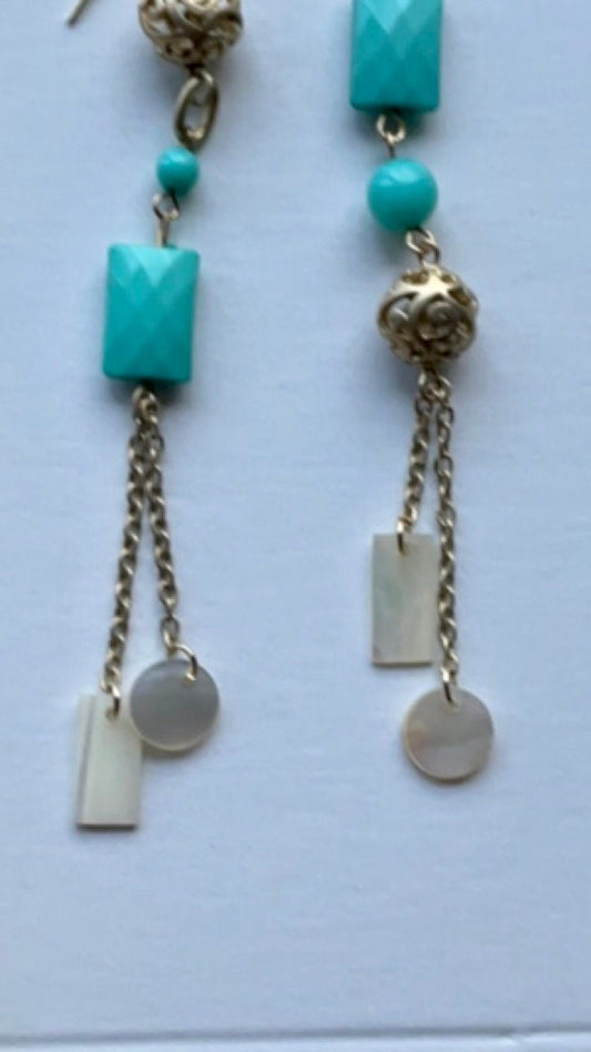 One-of-a-kind handmade mismatched mixed material long dangle earrings - turquoise colored vintage and new materials, mother of pearl dangles