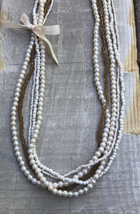Stunning vintage multi strand necklace - faux pearl and glass