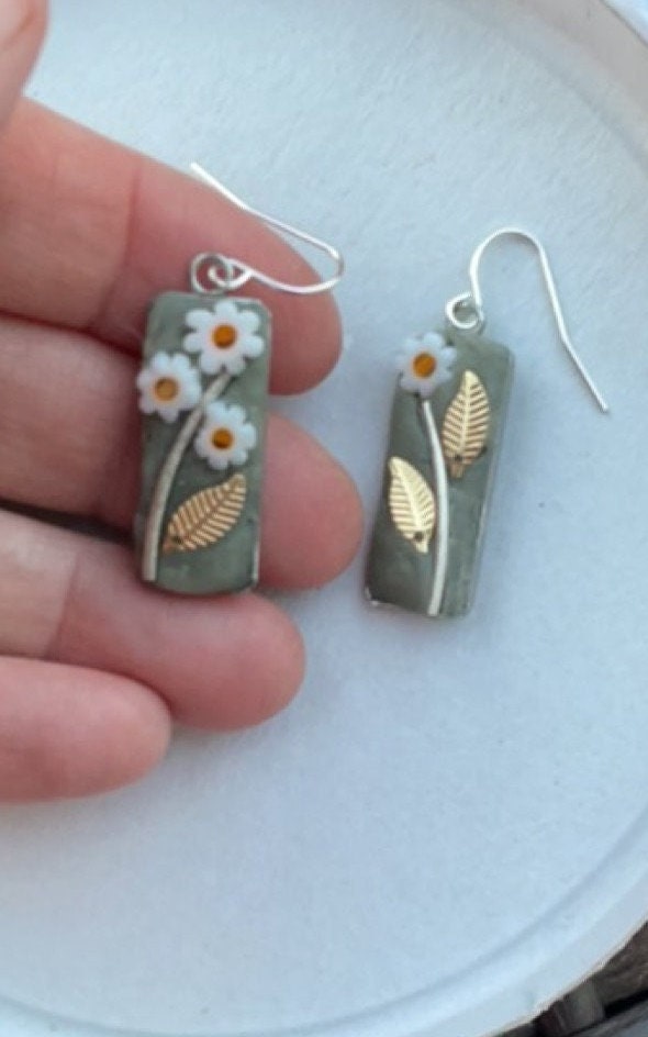 Small mosaic tile glass daisy and metal handmade earrings