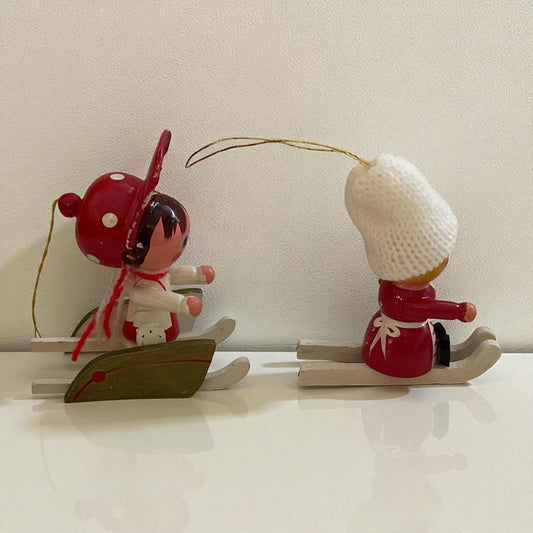 Vintage Wooden Ski Ornaments – Hand Painted Boy & Girl Skiers – Retro Winter Christmas Decor