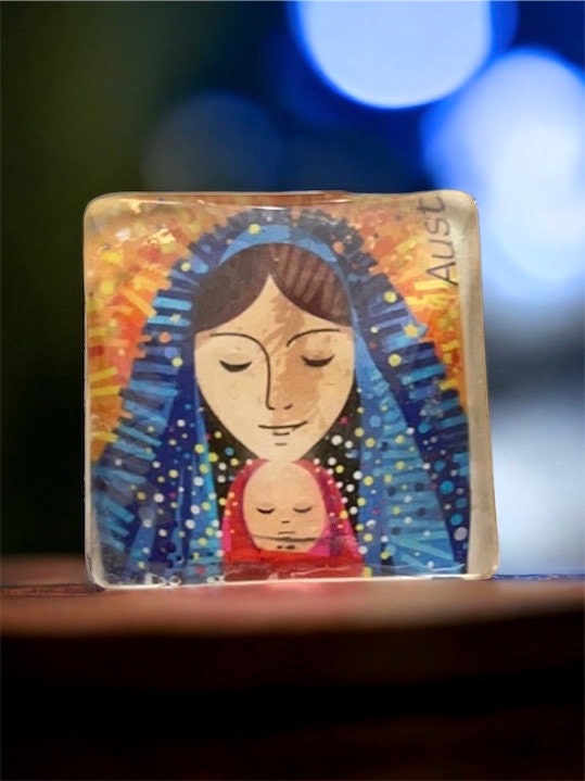 Religious necklace pendant or pin made from genuine vintage and antique postage stamps from Australia