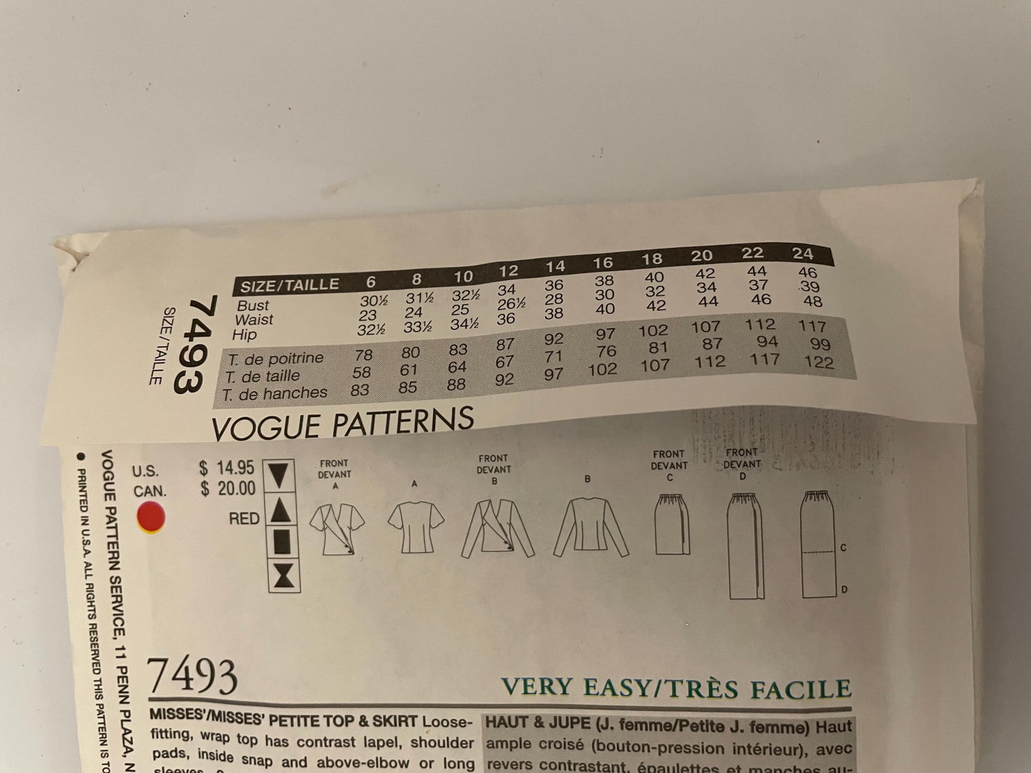 RARE UNCUT Sewing Pattern - Very Easy Vogue Koko Beall - Womens Suit - Top and Semi Fitted Skirt - Sizes 8, 10, 12