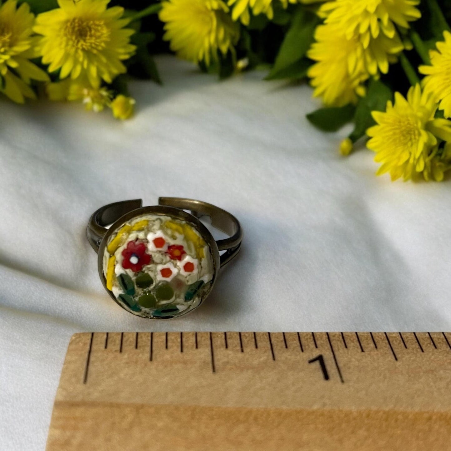 Handmade micro mosaic adjustable ring - Italian inspired - hand cut glass with millefiori flowers