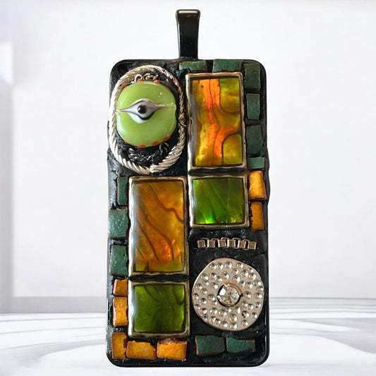 Handmade Mosaic Necklace – Orange & Green Abalone Shell, Glass and Metal – Mixed Material Pendant, Artisan Jewelry Gift