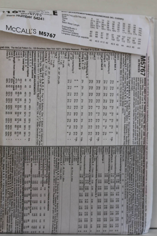 UNCUT Sewing Pattern - McCalls M5767 Sewing Pattern - The Perfect Coat in Three Lengths Belt and Travel Tote - Sizes 16 - 24