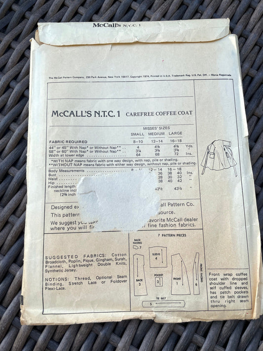 Rare UNCUT Vintage Sewing Pattern - McCalls NTC1 1970s Misses Carefree Coffee Coat Pattern Wrap Robe Pattern - Size Large