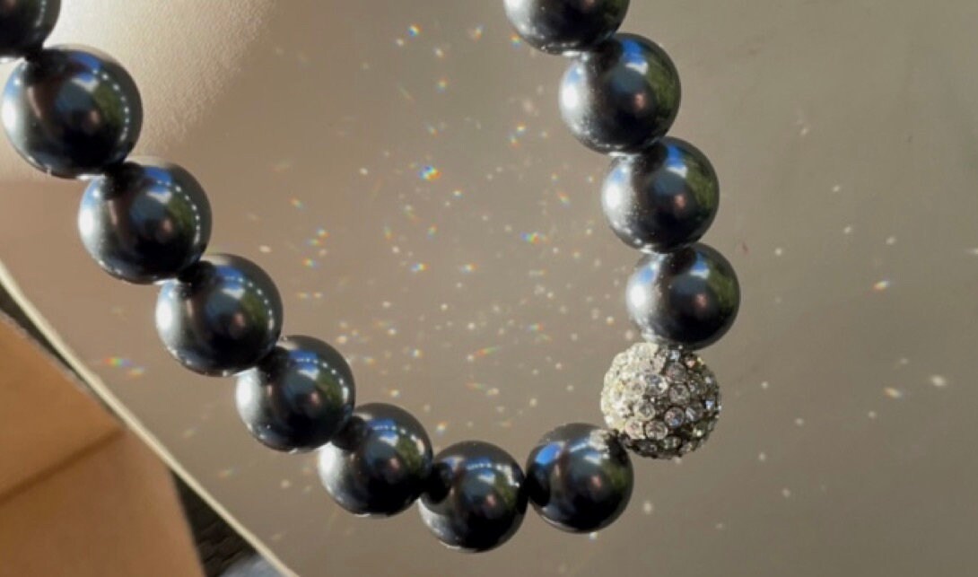 Stunning vintage large black faux pearl round beads with rhinestone ball that adds sparkle and bling