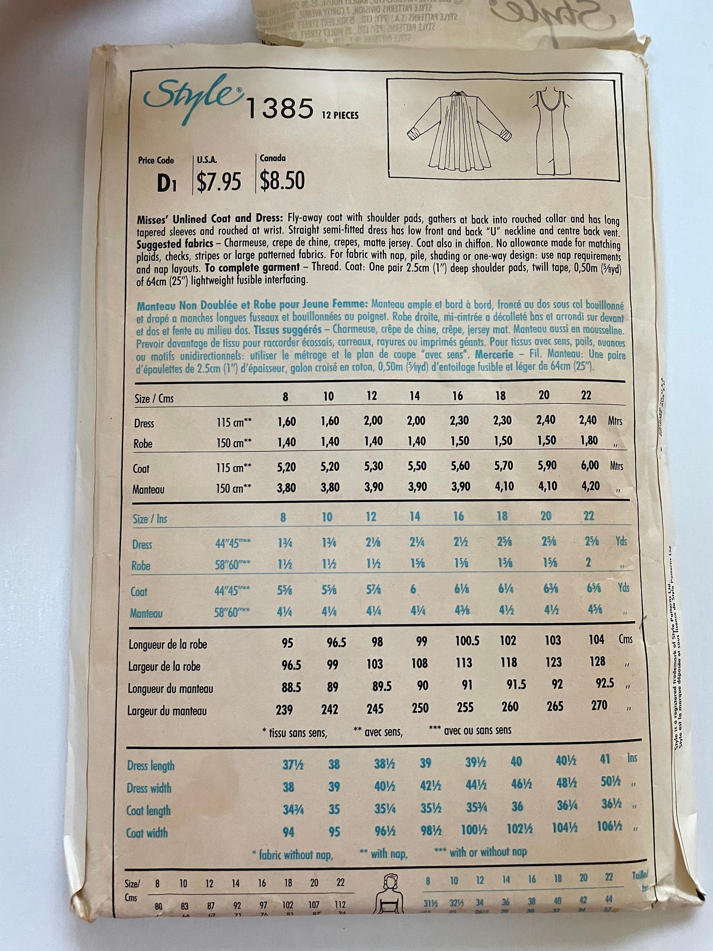 Rare UNCUT vintage Sewing Pattern - Style Pattern 1385 by JILL FITZSIMON - Sz 18-22 Misses' Oversized Unlined Swing Coat and Slim Tank Dress