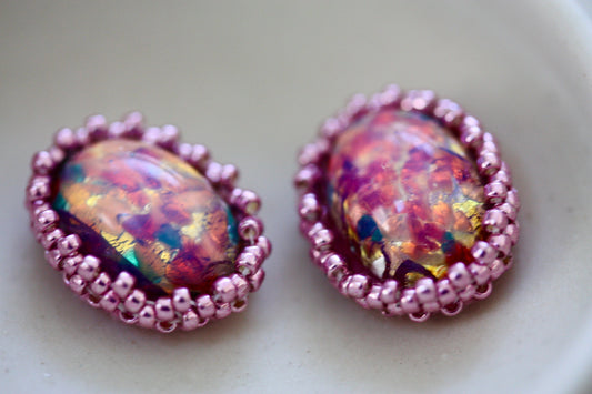 Shades of pink faux fire opal beadwork stud earrings - original beadwork around vintage foiled opalescent glass center