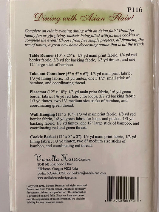 UNCUT Sewing Pattern - Table runner, take out container, placemats, wall hanging and cookie basket - Vanilla House Designs with Asian Flair