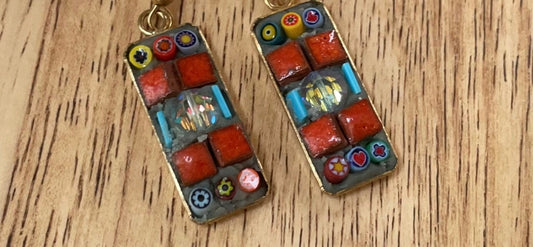 Small handmade micro mosaic glass and tile earrings with vintage crystal center and tiny strips of hand cut blue glass