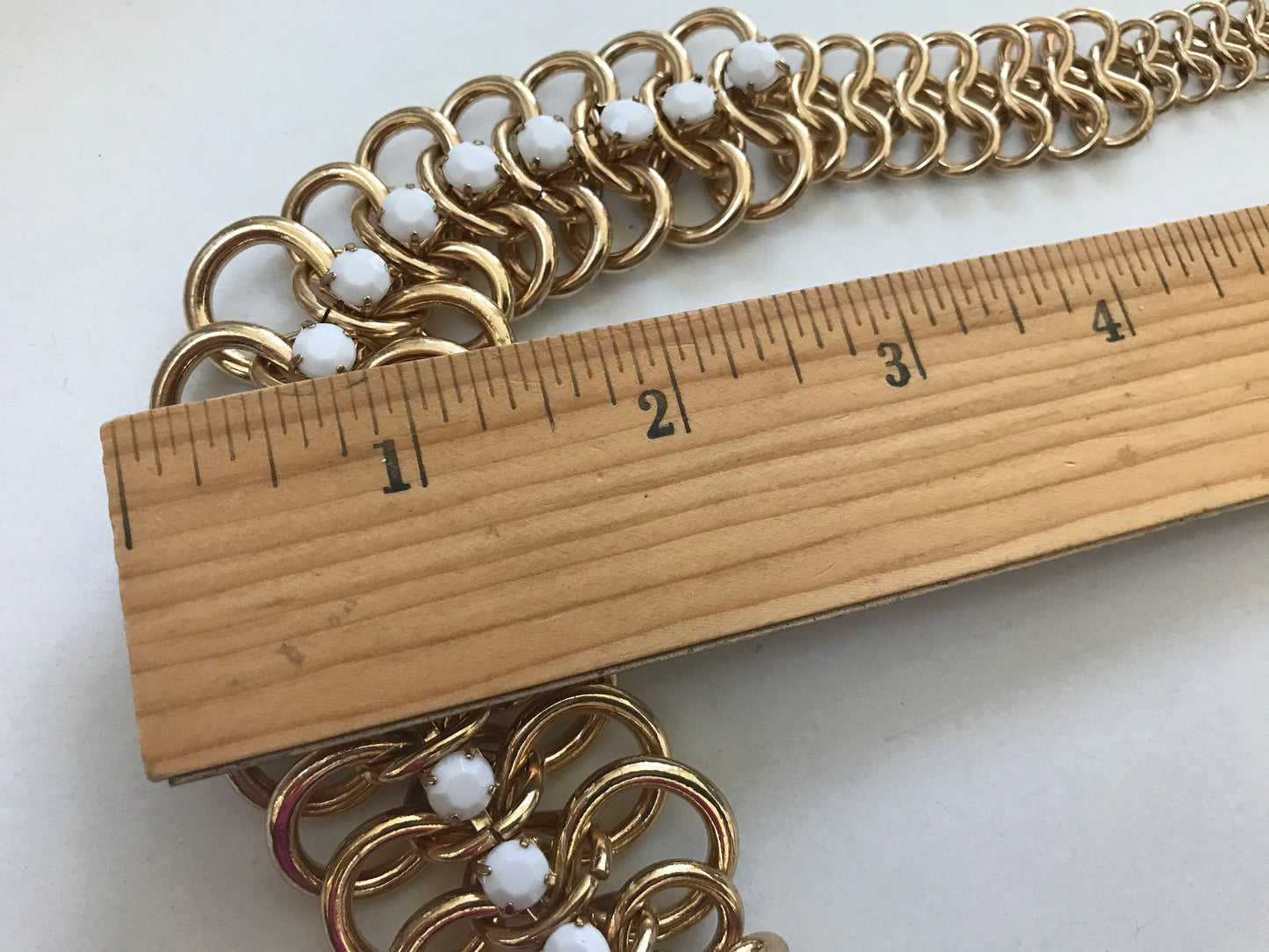 Unique chunky vintage goldtone chain statement necklace studded with milk glass rhinestones