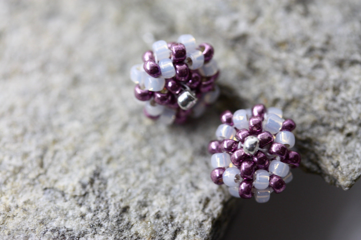 Hand beaded sterling silver stud earrings - purple with drops of gold lined white glass - studs, beadwork studs, beaded studs