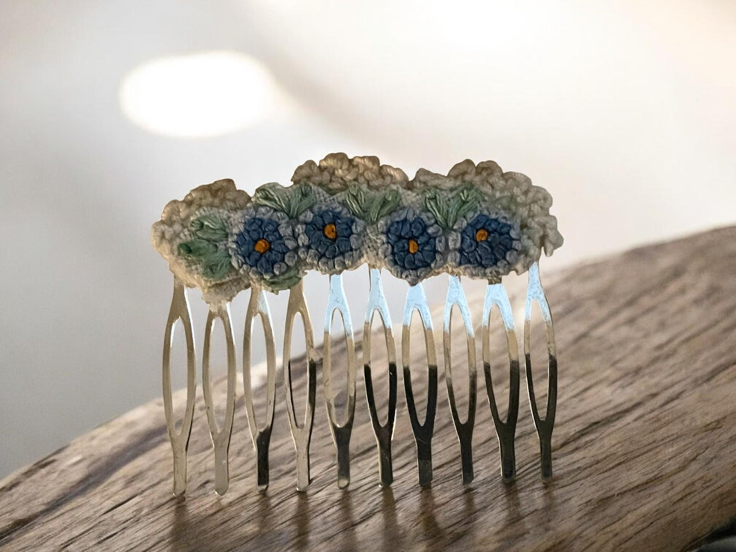 Floral hair comb handmade with embroidery and lace salvaged from vintage linens