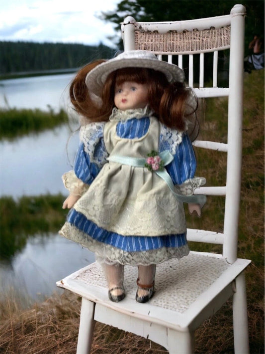 Stunning vintage porcelain doll - unknown origin - blue dress, straw hat