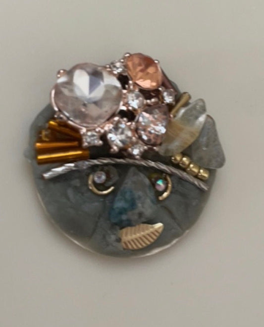 Meet "Jeannette" - Assemblage art / mixed media collage, mosaic - magnet, pin, necklace pendant or Christmas ornament