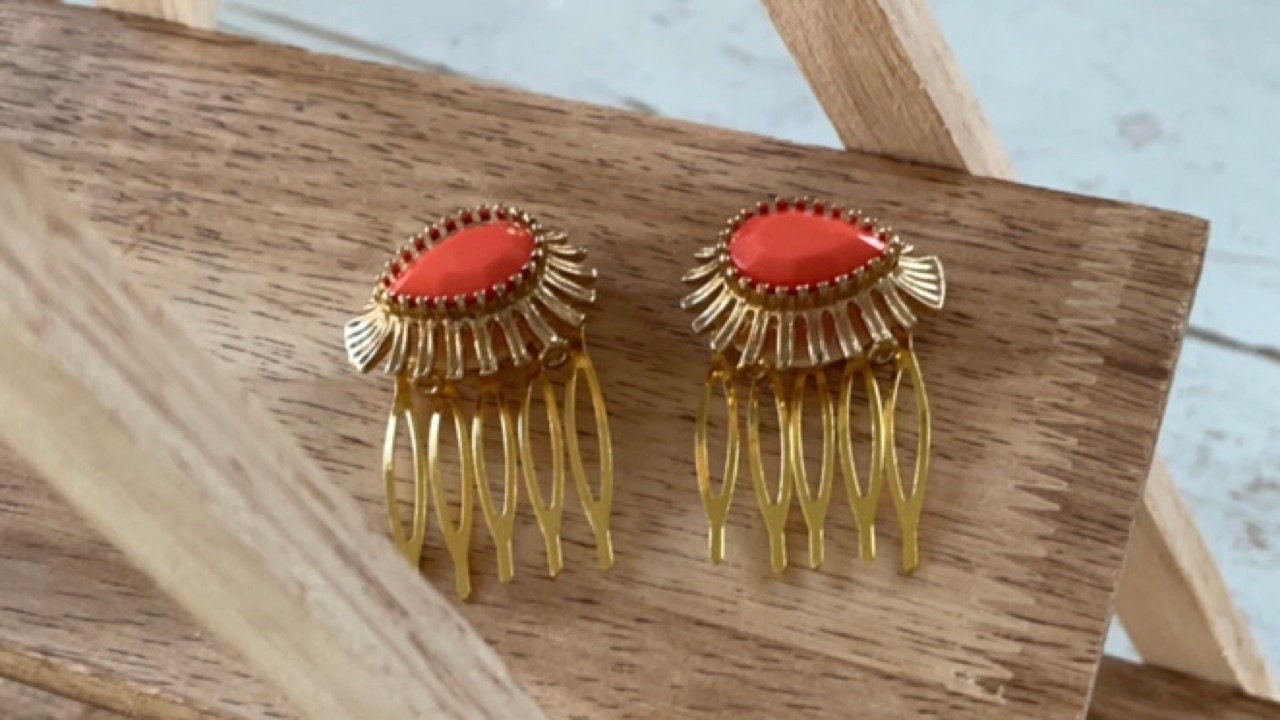 Pair of gold and orange mini metal hair combs - 1" each