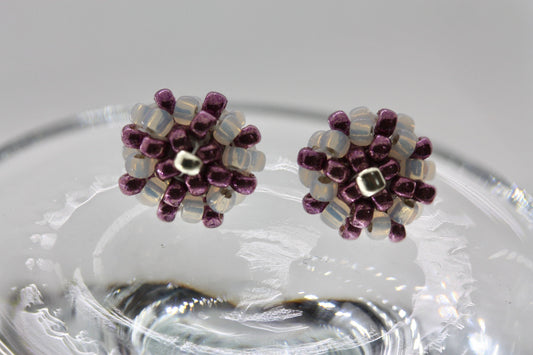 Hand beaded sterling silver stud earrings - purple with drops of gold lined white glass - studs, beadwork studs, beaded studs