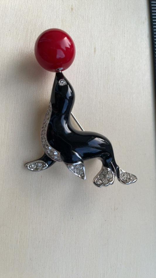 Stunning Vintage Kenneth Jay Lane (KJL) Figural Seal Brooch Black Enamel with Rhinestones and red ball