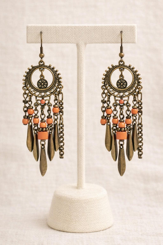 Boho Chandelier Earrings • Coral Bead Dangle Earrings • Faux Antique Brass • Bohemian Statement Earrings • Long Drop Earrings 3.25" long