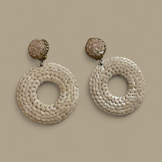 Vintage Cream Sequined Clip-On Hoop Earrings – 3" Statement Dangles Glam