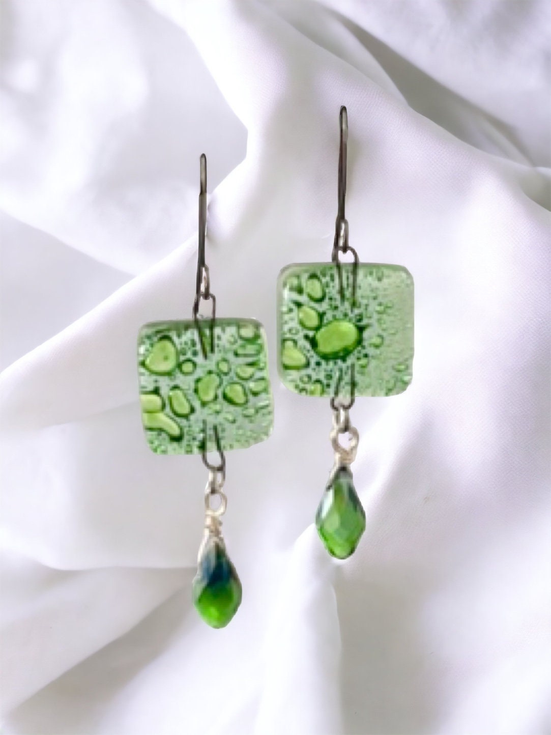 Green blown vintage glass with new faceted green crystal dangle earrings