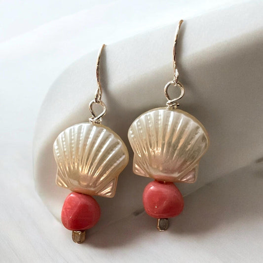 Faux Shell Earrings with peach Drops – Coastal Boho Dangle Earrings, Beach Jewelry, Lightweight Statement Earrings, Summer Accessories