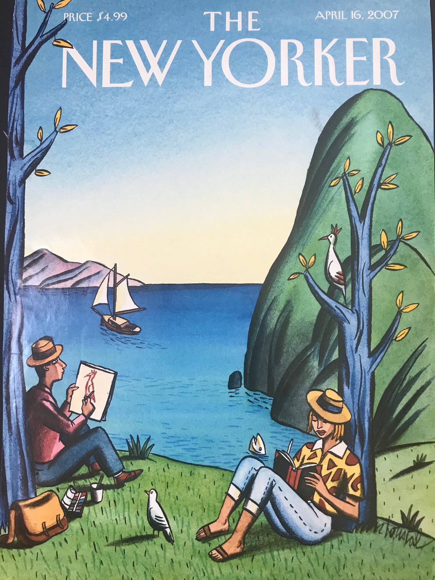 NEW YORKER Magazine cover only - April 16, 2007 - couple by lake, boats