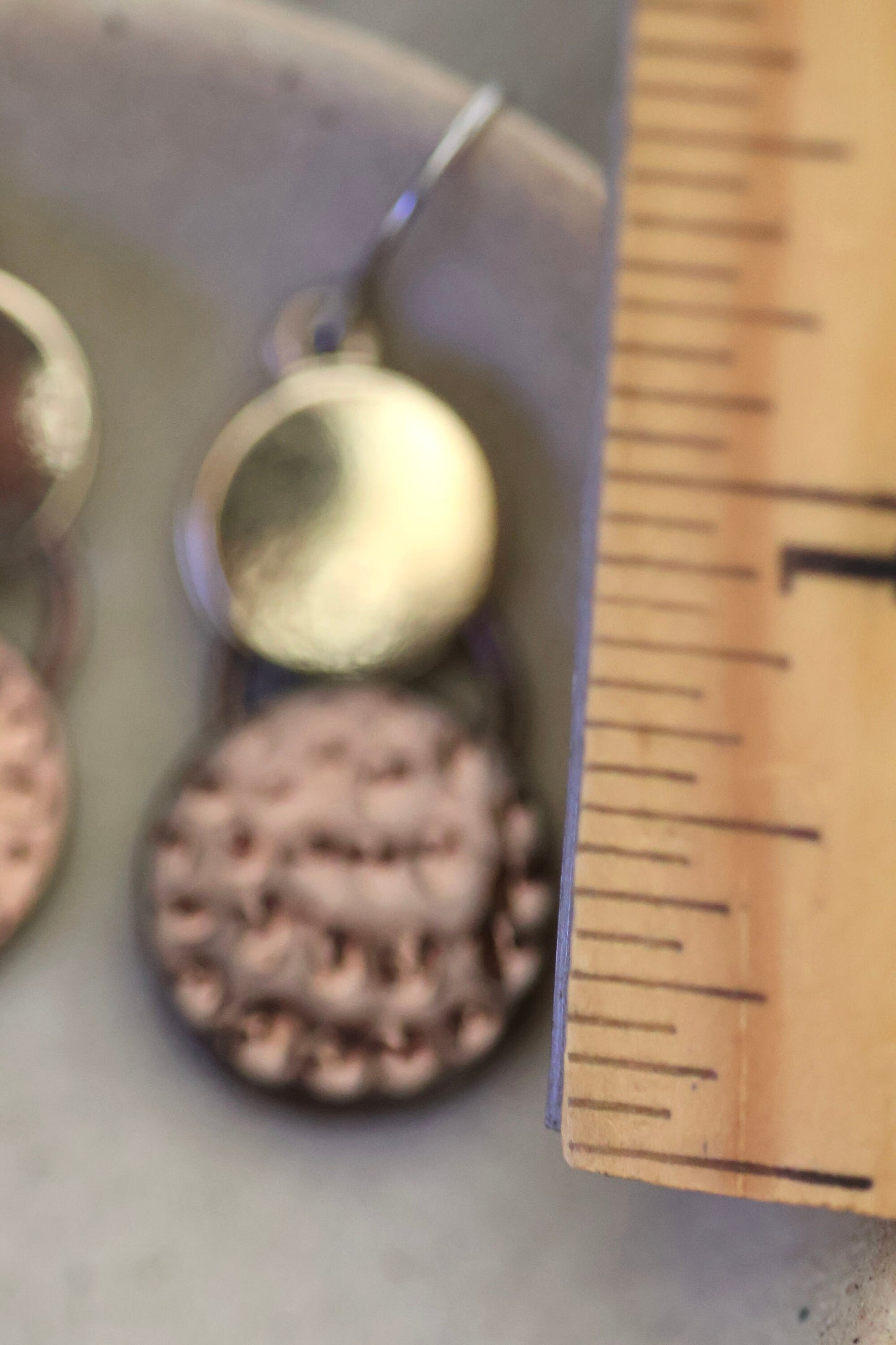 Textured coppertone metal and contrasting smooth goldtone disc unique vintage dangle earrings