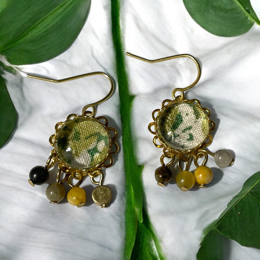 Tiny dangle earrings handmade mixed media earrings made with vintage fabric, glass cabochons, sloped ear wires and tiny dangles