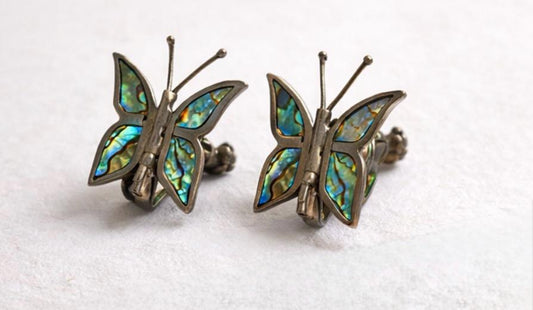 Vintage Abalone Butterfly Earrings signed Hecho en Mexico Screwback Mexican Silver Tone Shell Inlay Mid Century Nature Jewelry