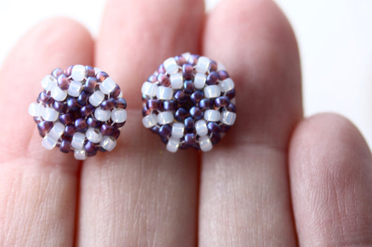 Hand beaded stud earrings - purple with drops of white glass - studs, beadwork studs, beaded studs