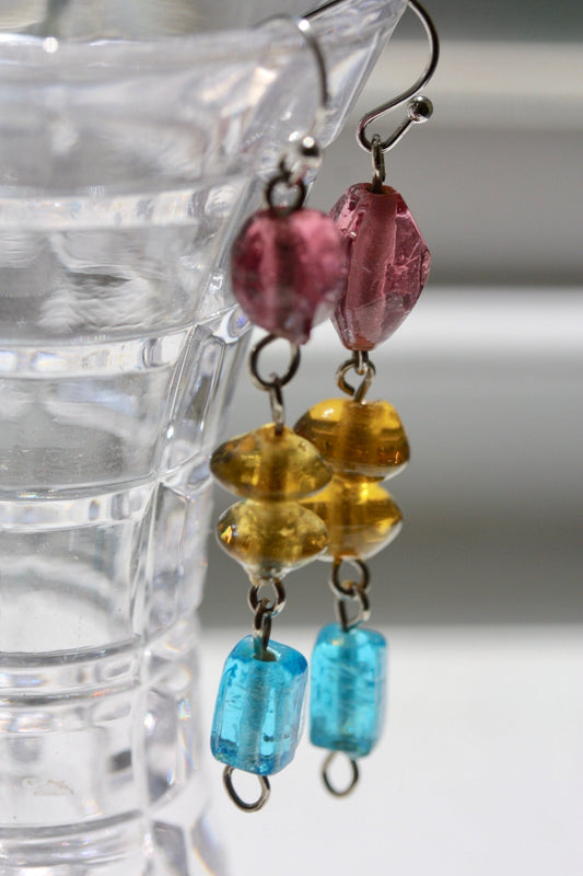 Handmade dangle earrings made of colorful recovered vintage glass