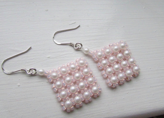 Intricately beaded, hand made, "puffed pillow pearls" small faux pearl beadwork dangle earrings