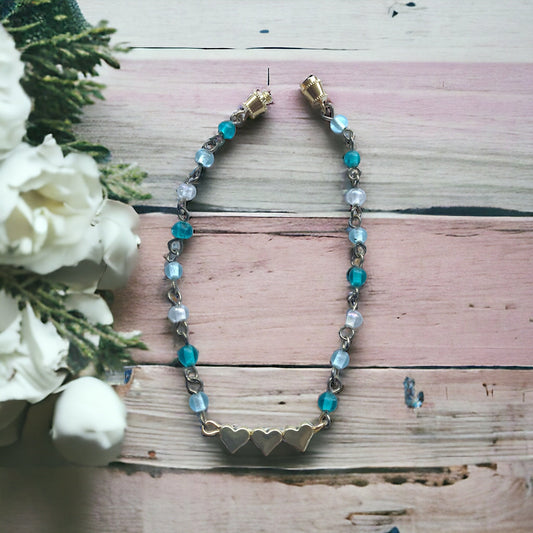 Triple heart bracelet featuring upcycled vintage chain connectors and shades of blue / white tiny vintage glass beads -sized for your wrist