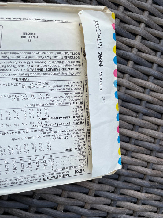 UNCUT Vintage Sewing Pattern from 1981 - McCall's 7634 Misses Front Wrapped Skirt by Palmer and Pletsch - Misses Size 20