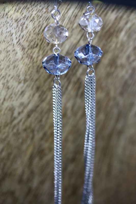 Ultra long, ultra sexy blue and white faceted crystals with metal tassel handmade earrings with vintage components