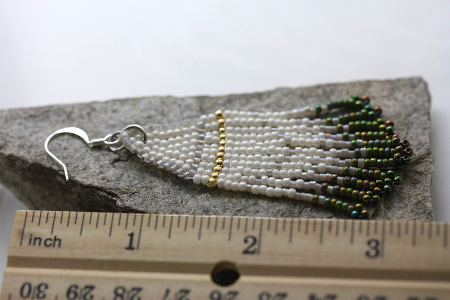 Hand beaded Native-American-Style stunning dangle beadwork earrings - shades of green and white with touches of silver crystal and gold