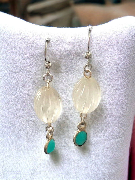 Long dangle earrings made of both new and vintage components - swirled frosted white with blue dangles
