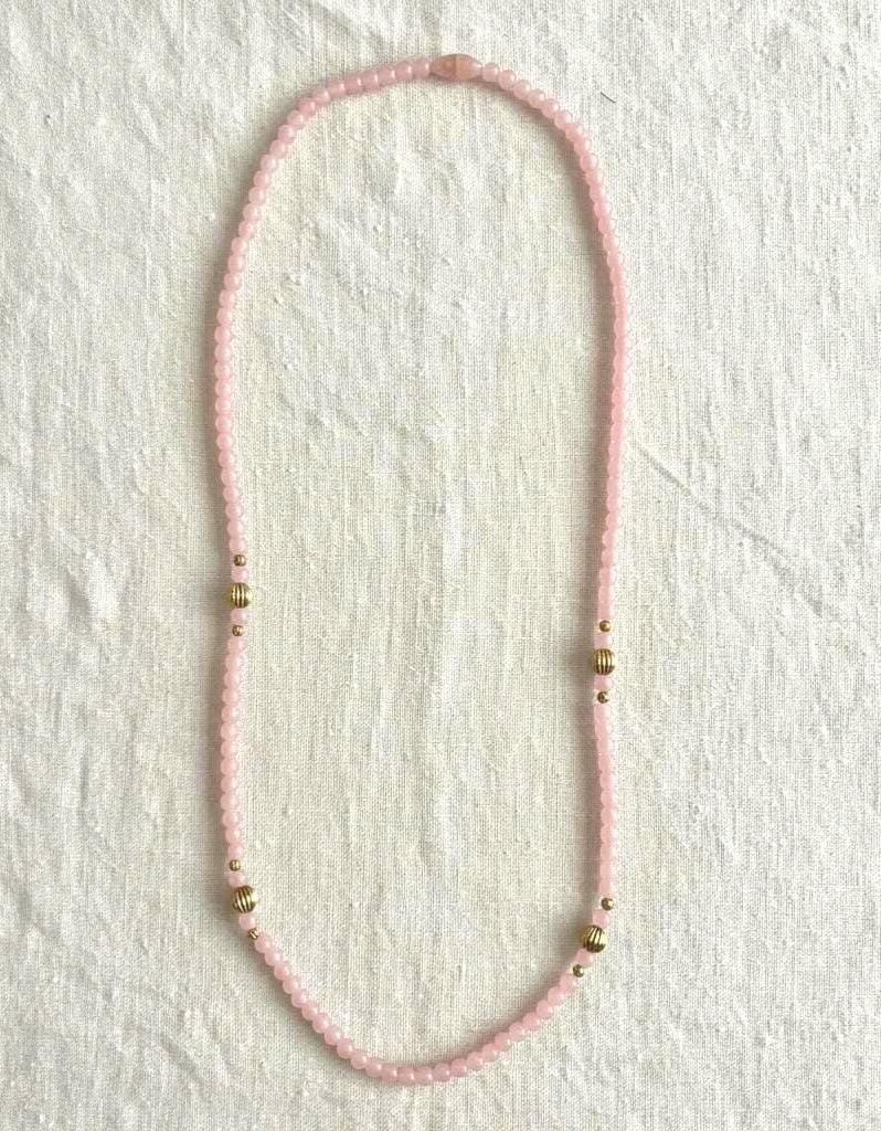Vintage Pink Lucite Bead Necklace with Gold Ribbed Accent Beads, Blush Acrylic Statement Necklace, Minimalist Layering Jewelry