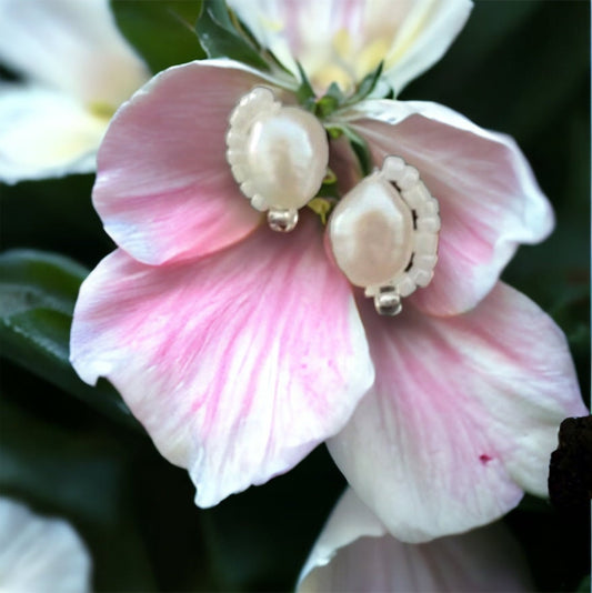 Stunning baroque pearl stud earrings with tiny intricate beadwork - sterling silver ear wires