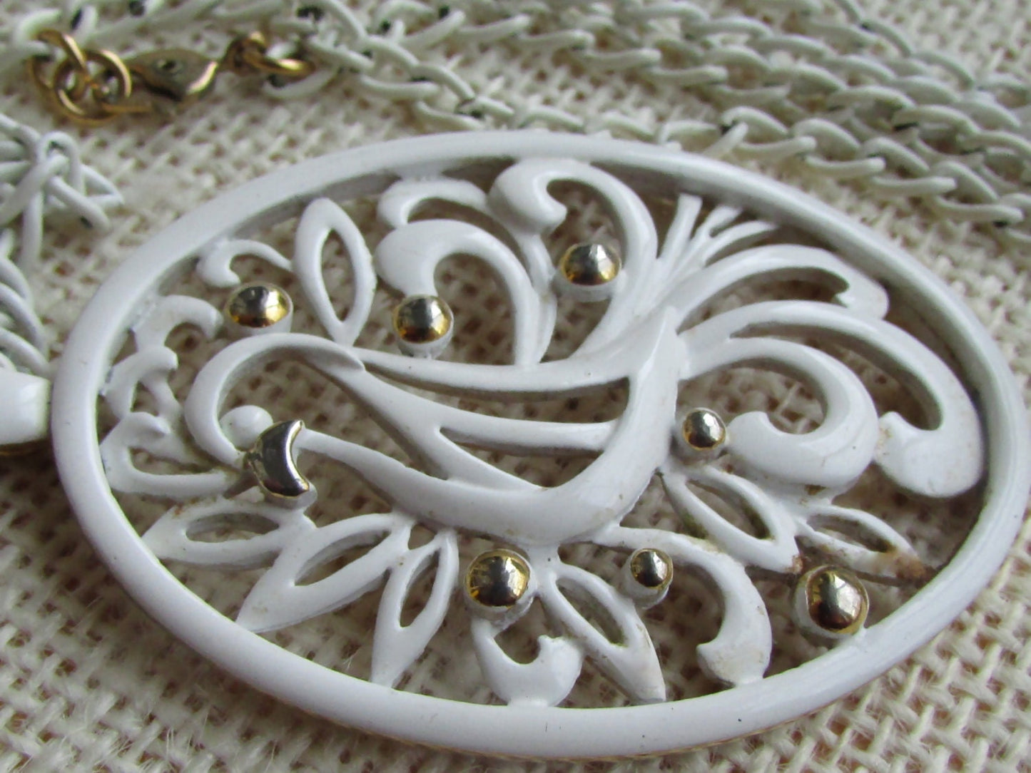 RARE Signed Monet bird of paradise stunning white/goldtone long vintage metal scrollwork necklace