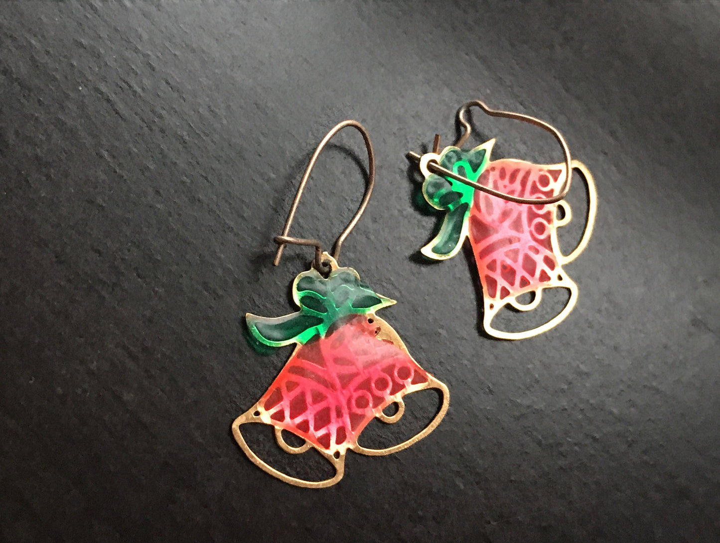 Unique vintage laser-cut metal jingle bell earrings - look like stained glass