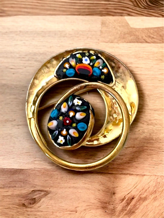 One-of-a-kind micro mosaic pin - glass micro mosaic on goldtone hammered metal