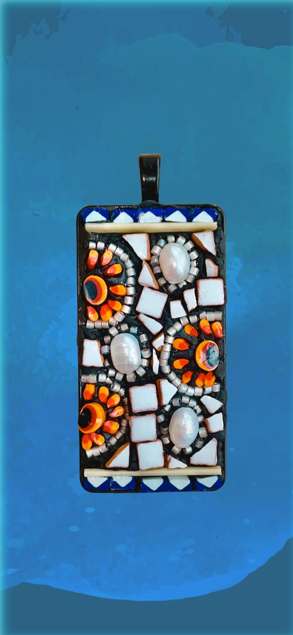 Mexican inspired Handmade mixed material mosaic necklace - micro glazed tiles, hand cut Italian glass, white pearls, glass seed beads